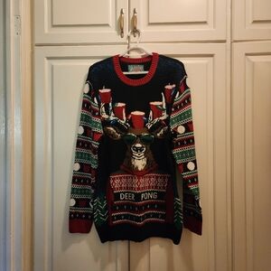Ugly Christmas Sweater Deer Pong Crewneck - Black, Red, Green